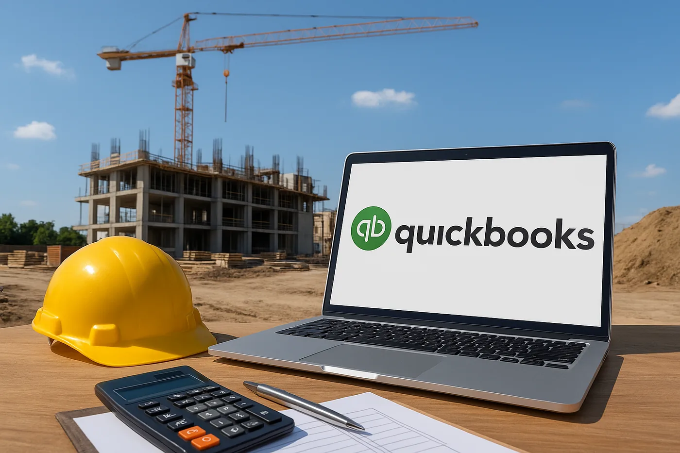 QuickBooks on a laptop at a construction site