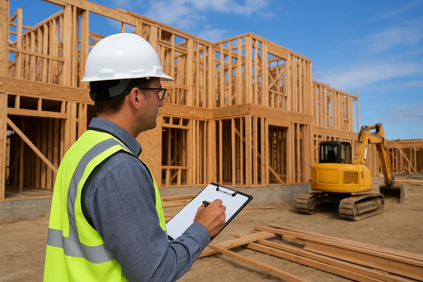Contractor with clipboard beside wood framing and excavator